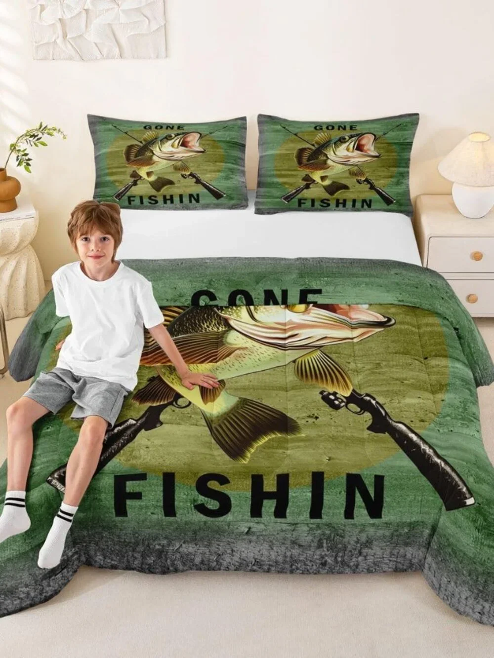 Pike Fish Hunting Comforter Set Twin Size Kids Boys Bedding